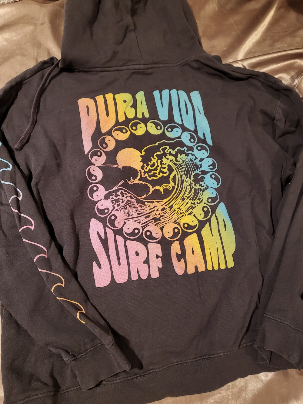 Pura Vida Black Hoodie with Rainbow Surf Camp Graphic